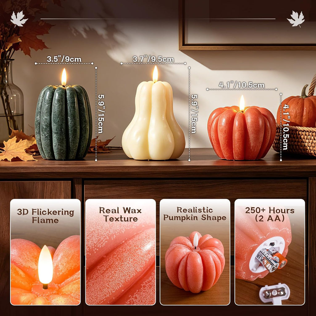 Fall Pumpkin Flameless Candle, LED Battery Operated Pumpkin Candle Light with Remote, Real Wax 3D Flickering - Set of 3