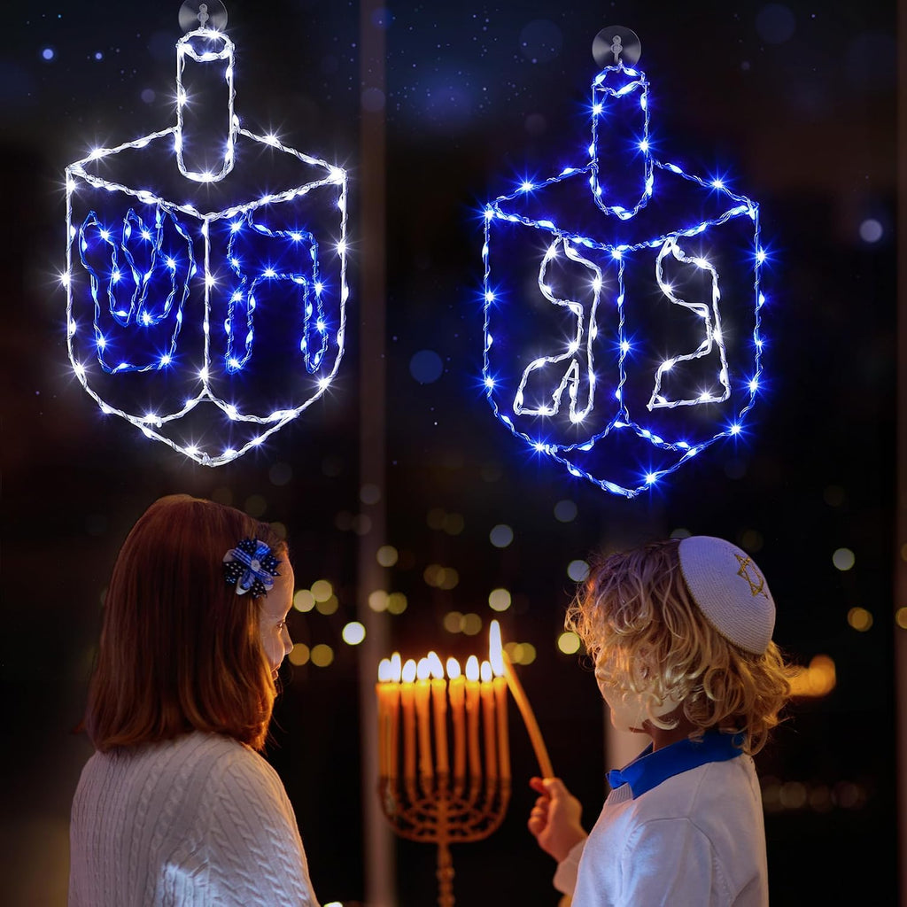 Hanukkah Decorations Window Lights, 8 Modes Blue White Chanukah LED Silhouette Lights Battery Operated - Set of 2