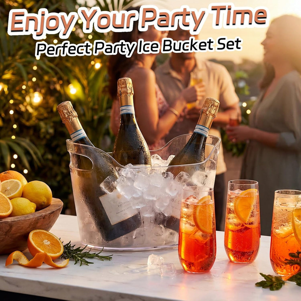 6.5L Clear Ice Buckets for Parties, Large Plastic Beverage Tub Set with Scoops, Champagne Flutes & Wine - Set of 4