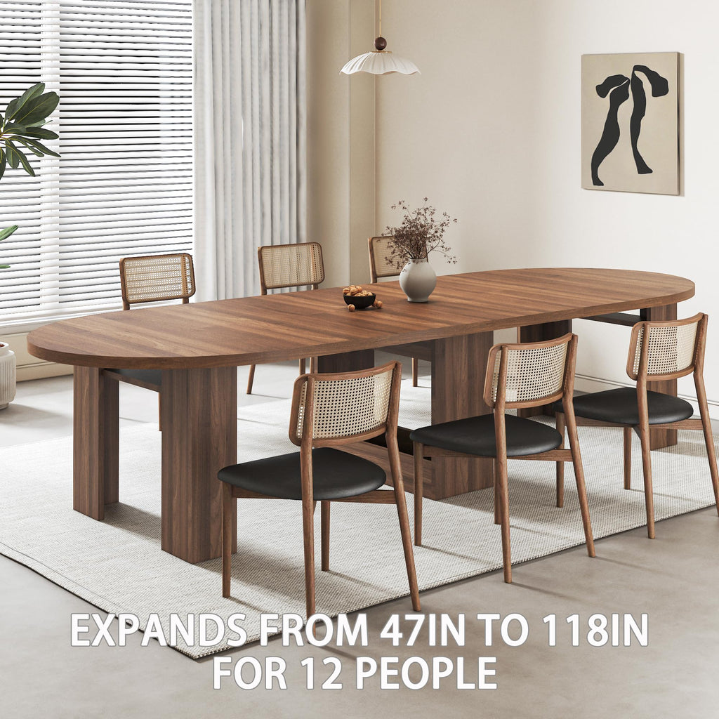 47.2"-118" Farmhouse Extendable Round to Oval Dining Table for 4-12, Walnut