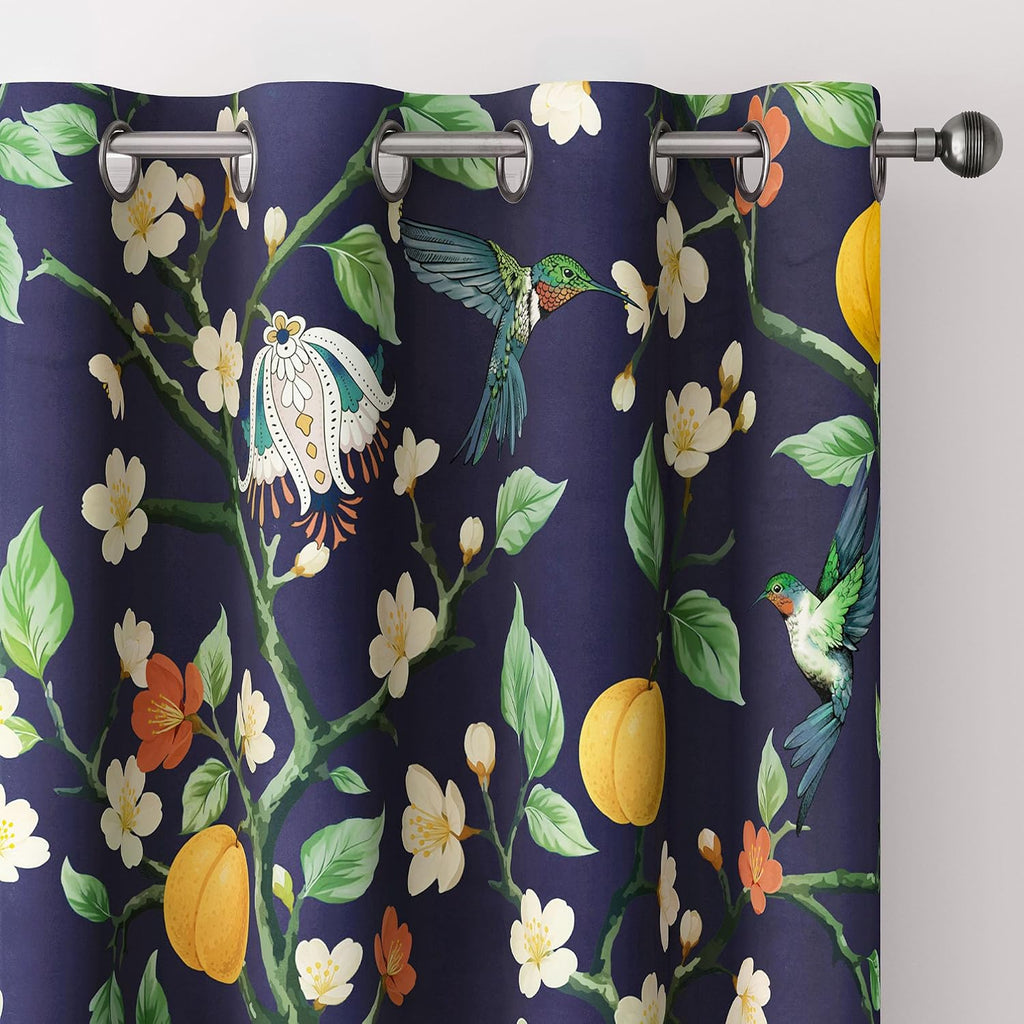 Floral Curtains 100% Blackout, Vintage Hummingbird Black Out Curtain 84 Inches Long, Patterned Thermal Insulated