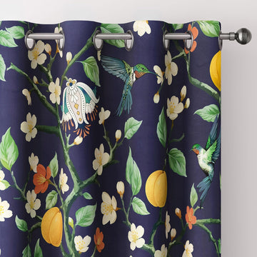 Floral Curtains 100% Blackout, Vintage Hummingbird Black Out Curtain 84 Inches Long, Patterned Thermal Insulated
