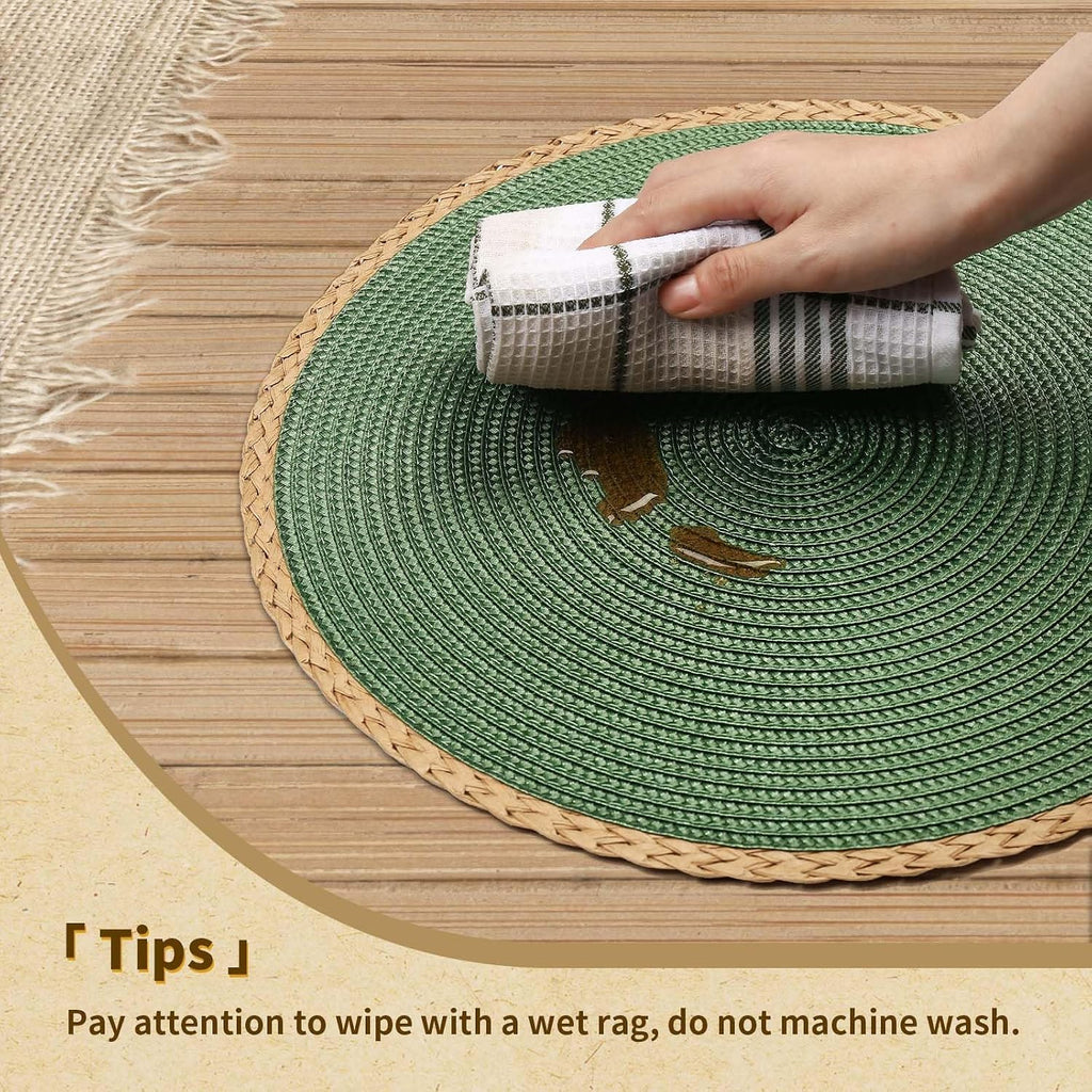 Round Placemats, Woven Table Mats, Thin Edge, Green - Set of 6