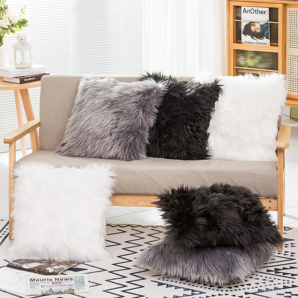Set of 2 Decorative Faux Fur Throw Pillow Covers, White Fluffy Soft Fuzzy Square Cushion Cover Pillow Case, Chair