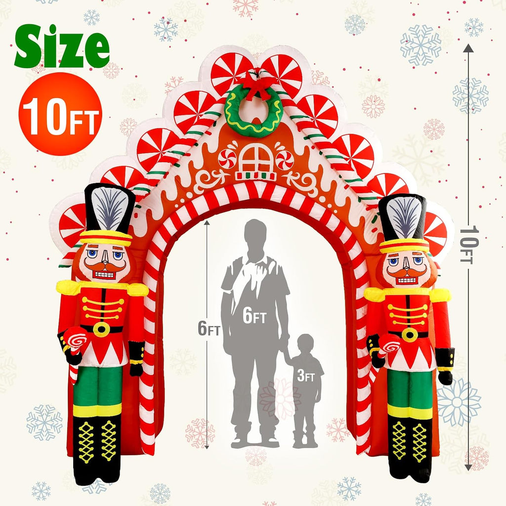 10 Ft Christmas Inflatable Gingerbread Candy House with Nutcrackers Outdoor Decorations, Giant Xmas Blow Up Yard