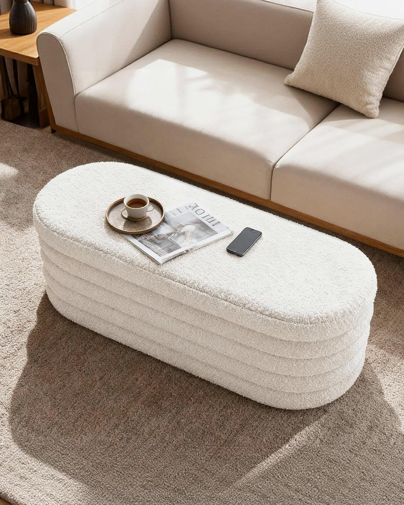 Storage Ottoman Bench, 43" Entryway Shoe Seat, Sherpa White