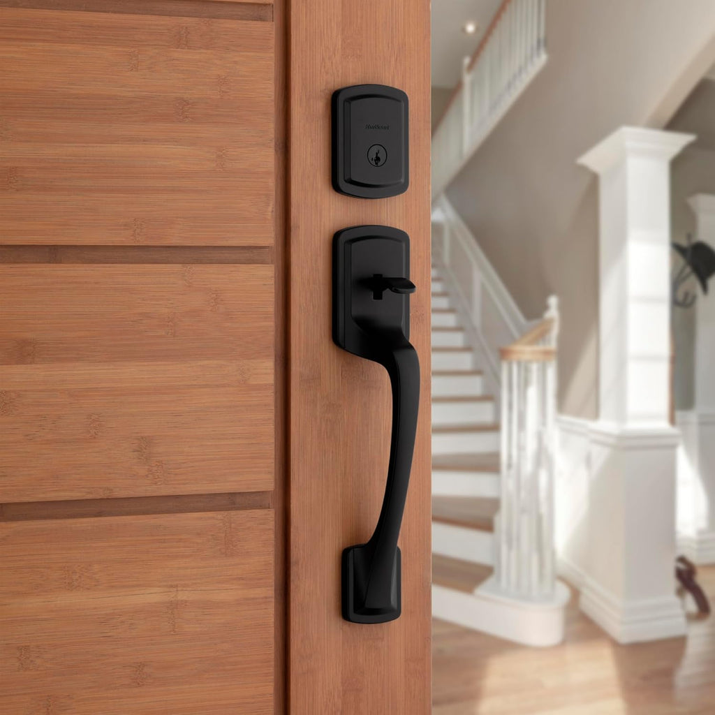 Prague Front Door Lock Handle and Deadbolt Set, Entry Handleset Exterior with Interior Door Knob, Matte Black