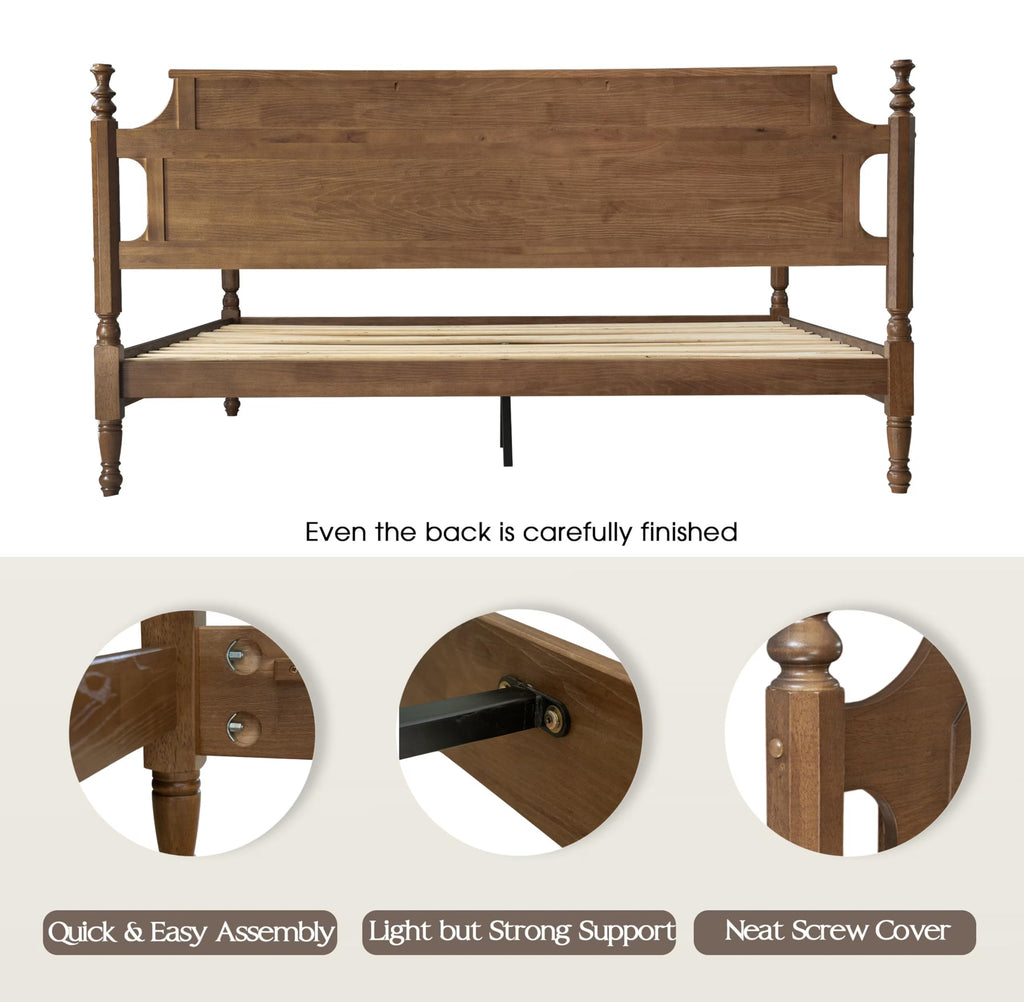 Solid Wood King Size Bed Frame with Headboard & Footboard, Platform Bed, Central Metal Legs, 12 Sturdy Slats, Under