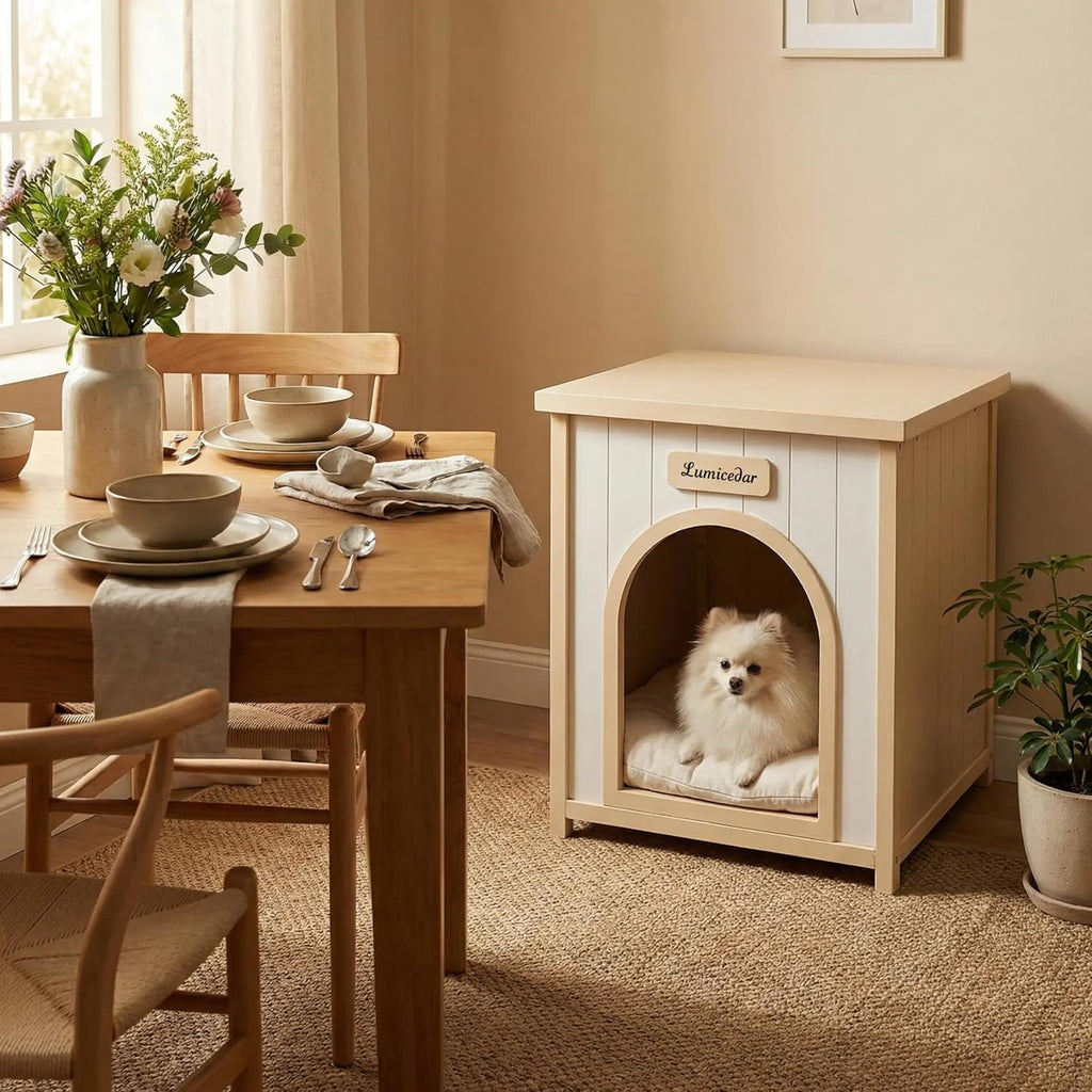Indoor Wooden Dog House with Removable Cushion, Solid Cedar Pet House for Small Dogs & Cats, Furniture Side Table