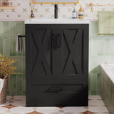24-Inch Farmhouse Bathroom Vanity with Sink – Freestanding Wooden Cabinet with 2 Doors and 1 Drawer, Black