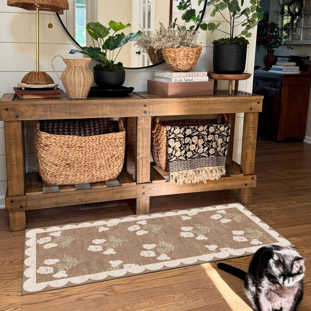 Front Door Mat Indoor Entrance, 2x4.3 Tan Boho Floral Farmhouse Rug