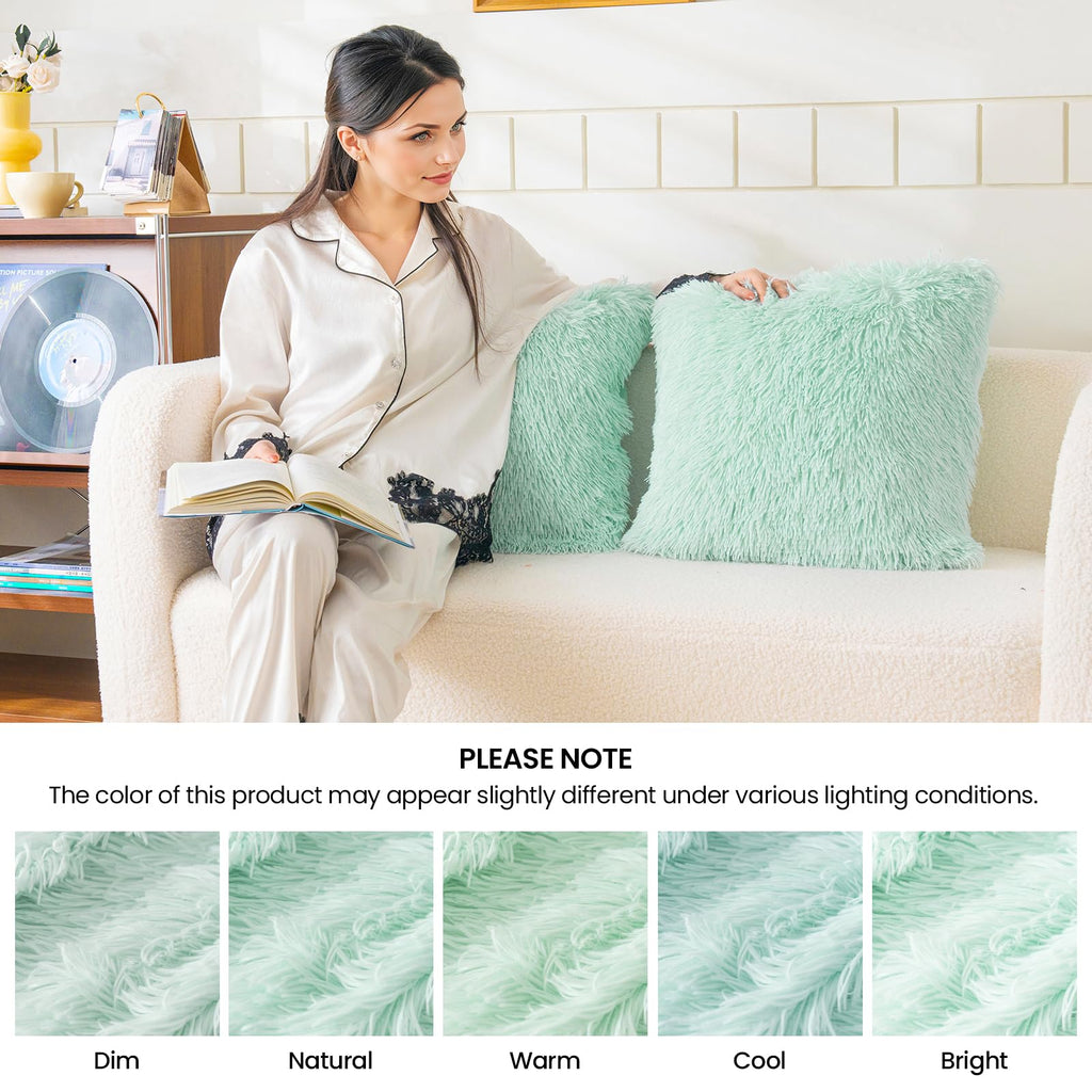 Faux Fur Mint Green Throw Pillow Covers, Fluffy Soft Fuzzy Decorative Pillow Cases Cute Pillowcases Bedroom Living