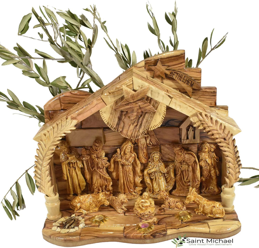 Wooden Bethlehem Nativity Set - Handcrafted Olive Wood Christmas Manger Scene with Music Box - Authentic Holy Land