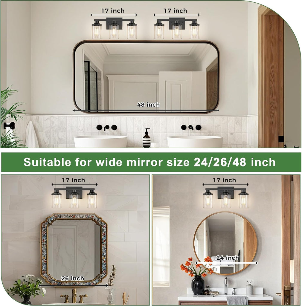17 Inch Bathroom Light Fixtures, 3-Light Black Bathroom Lighting Fixtures Over Mirror with Clear Glass Shade, Vanity