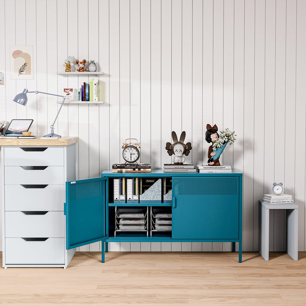 2 Door Storage Sideboard, Metal Storage Cabinet with 2 Adjustable Shelf, Multipurpose Metal Accent Cabinet Home, Music