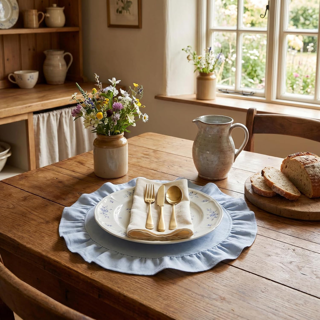 Round Ruffled Linen Blend Placemats, 15 Inch Scalloped Table Mats - Set of 4