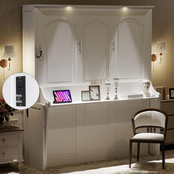 Queen Murphy Bed with Desk, LED Lights & USB Charging Station,Solid Wood Vertical Murphy Wall Bed Cabinet with
