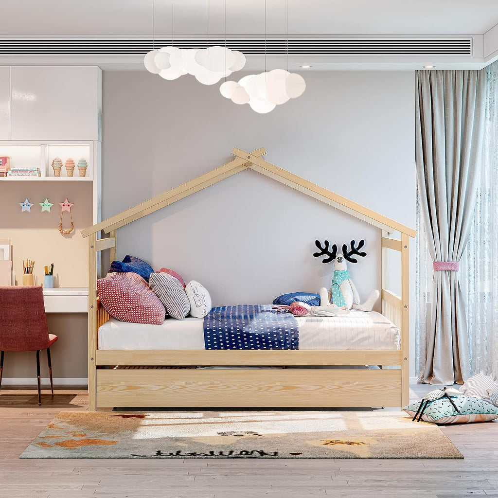 Full House Beds with Trundle Wooden Kids Montessori Bed Frame Wood Playhouse Tent Bed Frame for Girls Boys, Full