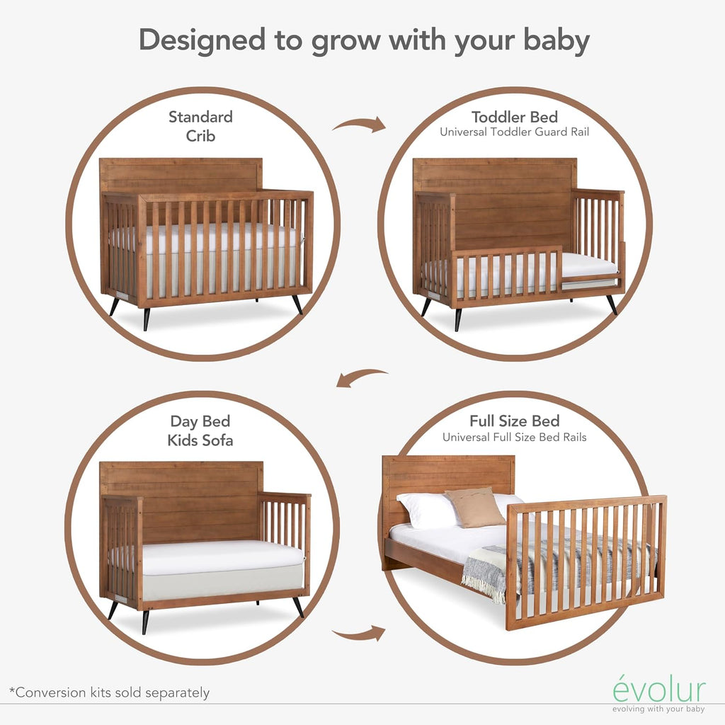 Évolur Stilnovo Mid-Century 4-in-1 Convertible Baby Crib in Sugar Cane, GreenGuard Gold & JPMA, Converts to Toddler