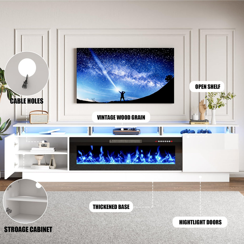 80" Modern Fireplace TV Stand with 40" Electric Fireplace for TVs Up to 90 inch, Luxury LED Light Entertainment