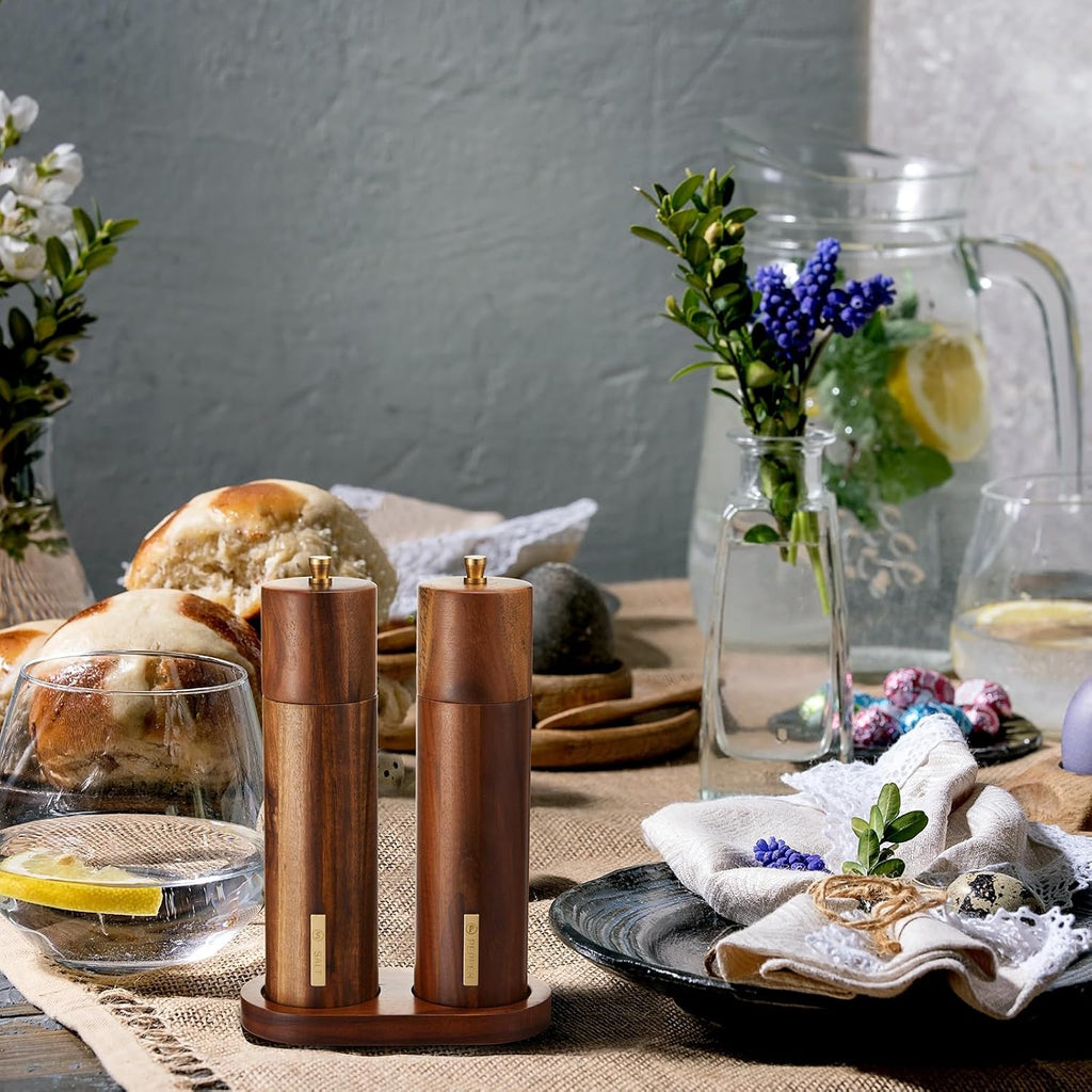Wooden Salt and Pepper Mill Set with Tray,Wood Color,8 Inch