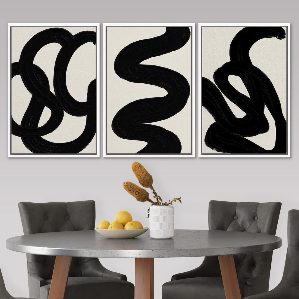 Framed Canvas Print Wall Art Set Duotone Minimal Dark Brush Stroke Landscape Abstract Shapes Illustrations Boho