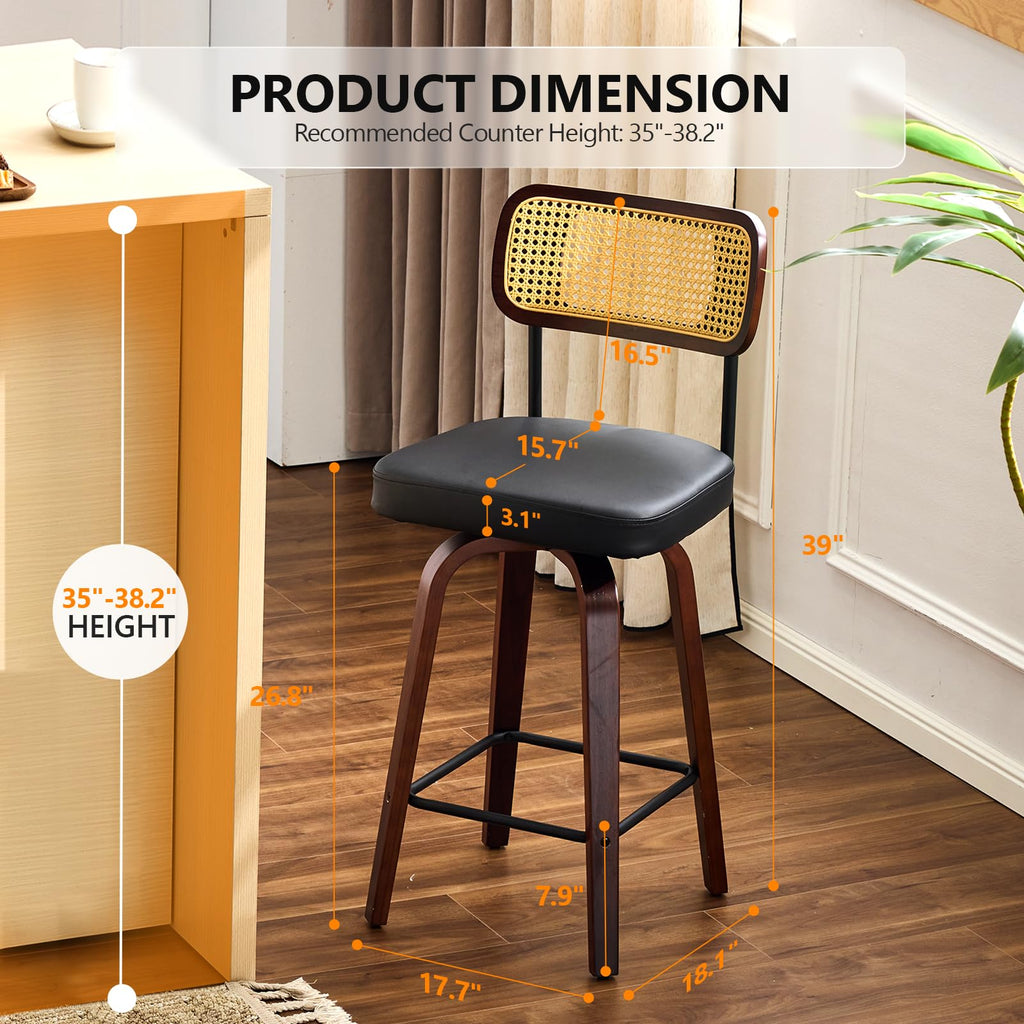 Modern Bar Stool 26" H, PU Leather with Rattan Back, 360° Swivel, Solid Wood Legs Barstools Island & Home Bar, Black