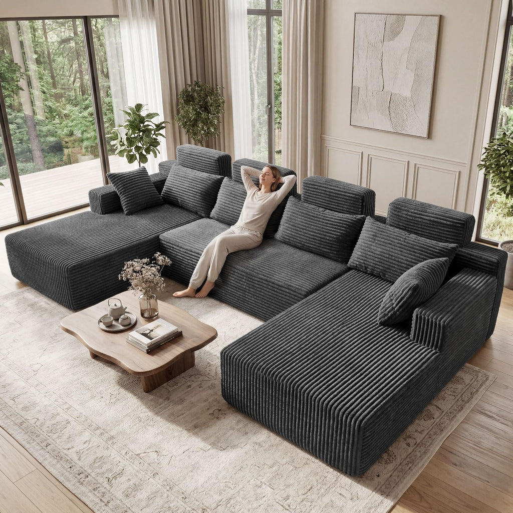 Boneless Couches - 134" Modular Sectional Sofa U Shaped Oversized Deep Seat High Back Corduroy No Assembly Modern