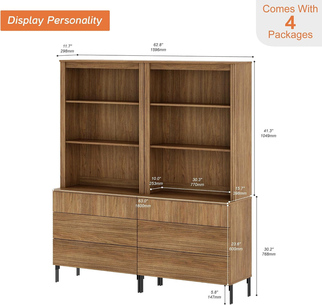 71.5" Tall Bookcase with 3 Drawers, Modern Fluted Bookcase with Adjustable Shelves, Wooden Storage Cabinet , Walnut