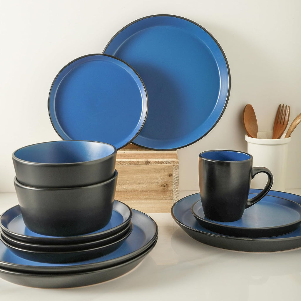 Albie Stoneware 16-Piece Modern Dinnerware Set, Kitchen Plates and Bowls Sets, Service for 4, Blue and Black