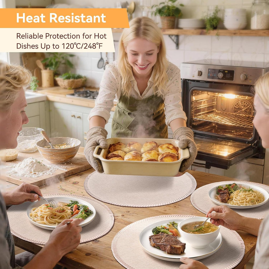 Round Placemats - Machine Washable Linen-Like Cloth Place Mats & Heat-Resistant for Dining Table - Set of 8