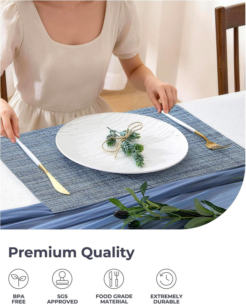 Deep Navy Woven Placemats - Heat Resistant Non-Slip Place mats for Dining Table, Washable Durable PVC Vinyl - Set of 6