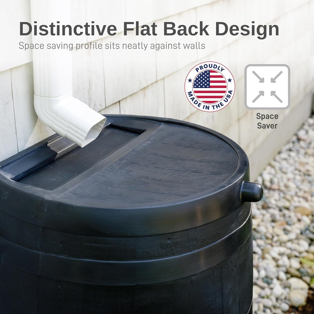 50-Gallon ECO Rain Barrel Made with 100% Recycled Plastic, Flat Back Rain Water Collection Barrel, Stand Included