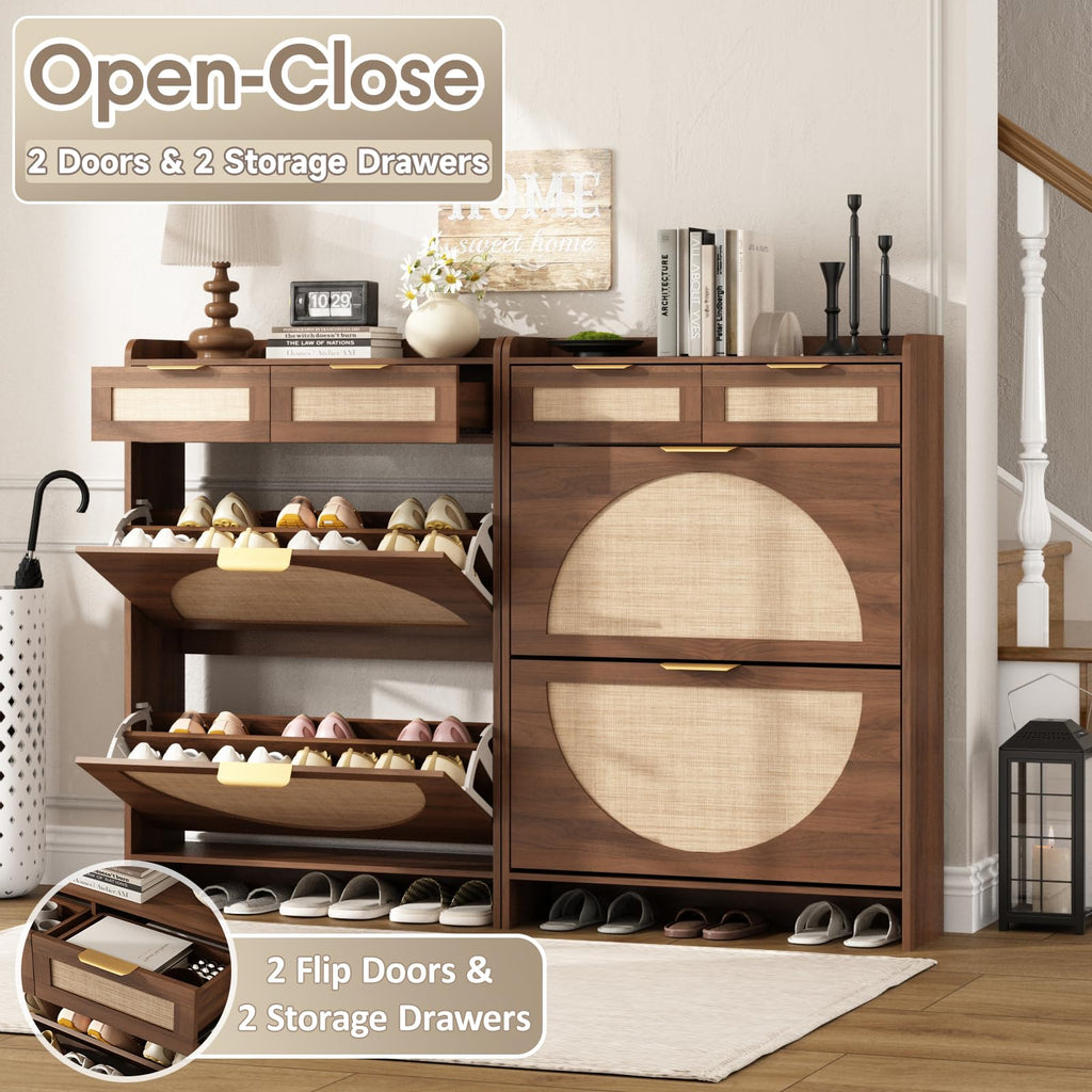 Rattan Shoe Storage Cabinet with 2 Flip Drawers & 2 Drawers, Freestanding Organizer for Front Door Entrance, Hidden