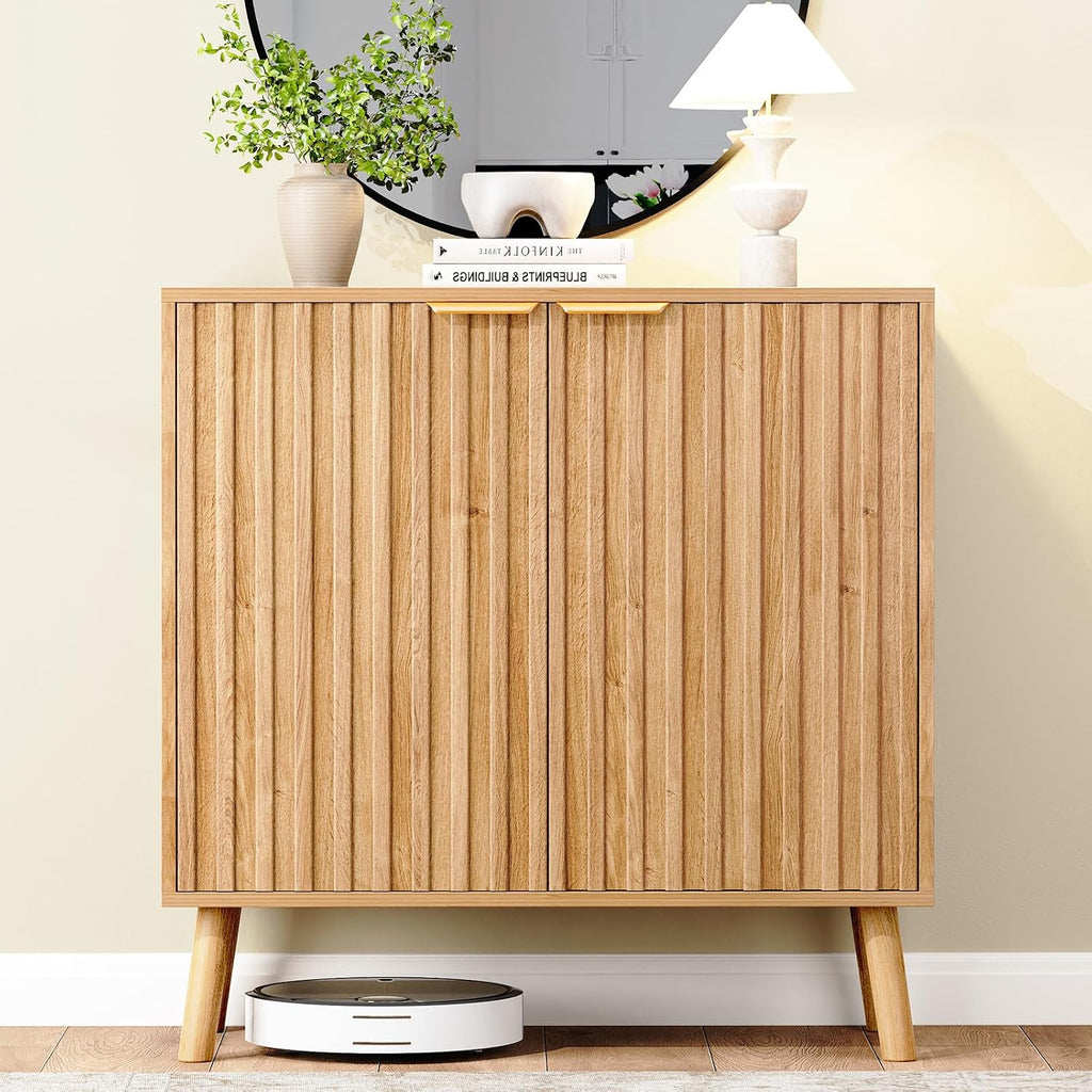 Fluted Storage Cabinet, Buffet Cabinet with Storage, Wood Sideboard with Adjustable Shelf, Modern Accent Cabinet &