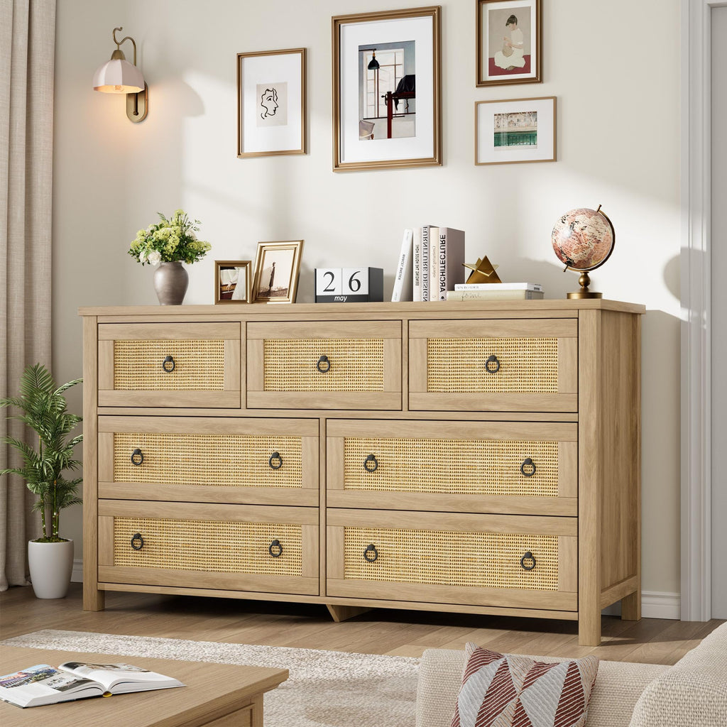 Rattan Dresser with 7 Drawers, 54'' Wide Chest of Drawers with Large Clothes Storage Cabinet, Wood Bedroom Dresser