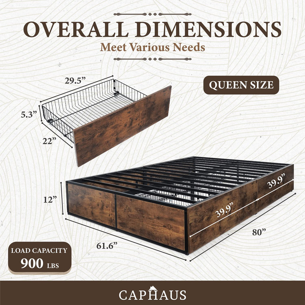 Industrial Metal Storage Bed Frame with 4 Drawers, Mattress Foundation with Metal Slat Support, Space Saving Platform