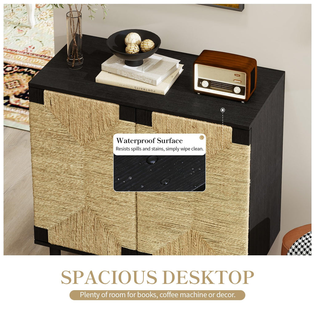 Sideboard Buffet Cabinet with Storage, Boho Accent Cabinet with Seagrass Doors & Adjustable Shelf, Mid-Century Modern