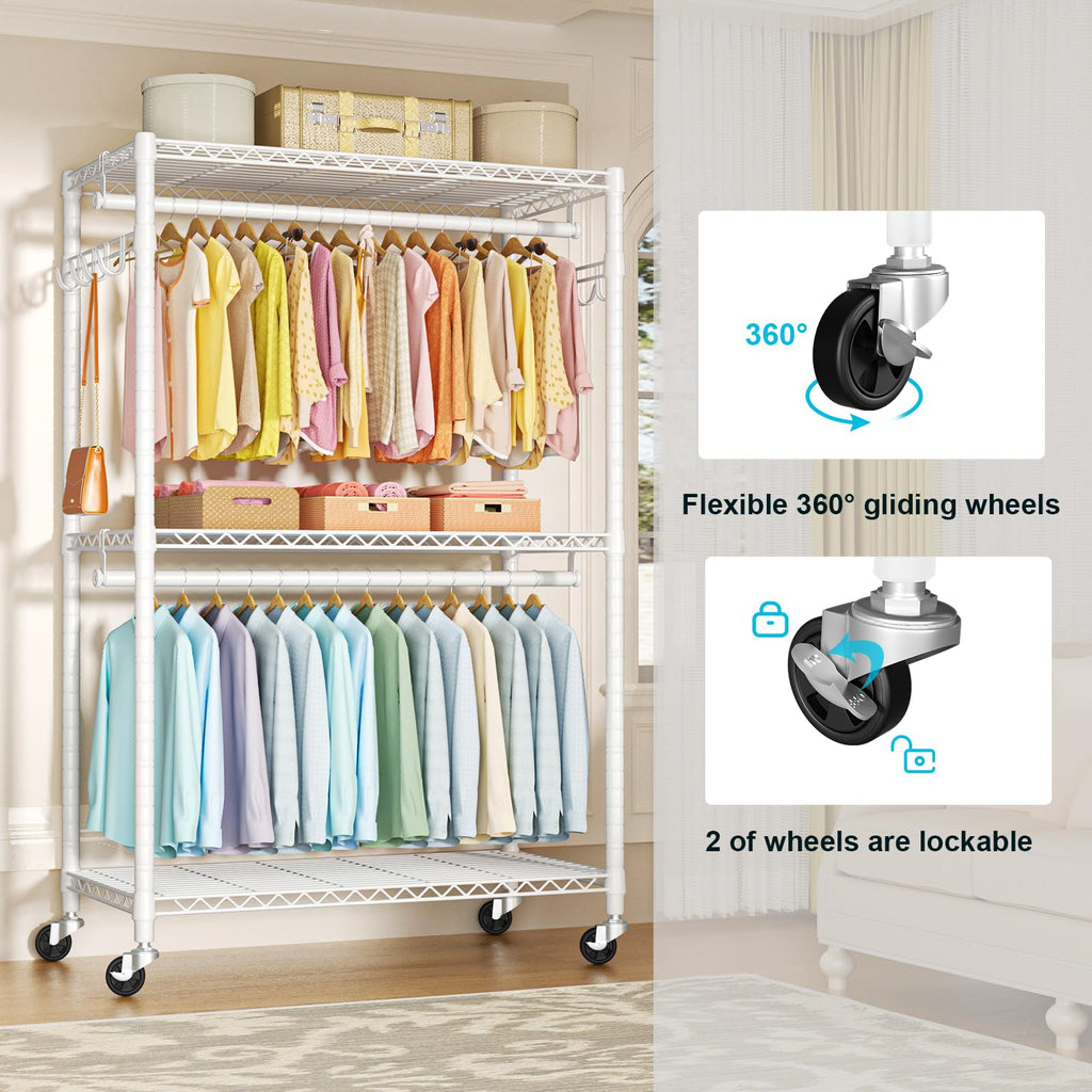 P1 Plus Rolling Clothes Rack, 22mm Diameter Heavy Duty Garment Rack