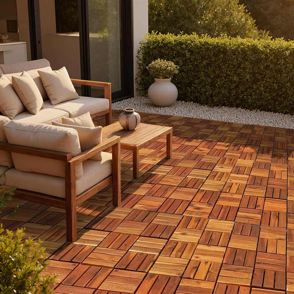 Wood Interlocking Deck Tiles - 12"x12" Indoor & Outdoor Flooring Tiles for Balcony, Backyard & Poolside, Weather & UV