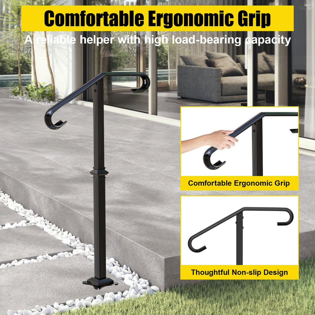Single Step Handrail, 1 or 2 Steps Hand Rails for Outdoor Steps, Rust-Proof Wrought Iron Stair Railing for Seniors