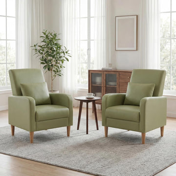 Accent Chairs, Faux Leather Living Room Chairs with Back Pillow & Solid Wood Legs, Mid-Century Modern - Set of 2
