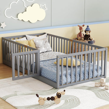 Floor Bed with Slats and Door, Montessori Floor Bed with Rails, Easy Assemble Montessori Beds