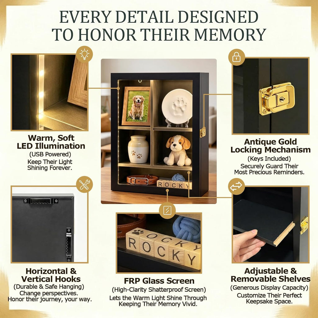 12x16 LED Pet Memorial Shadow Box Wooden Remembrance Frame with Key Lock