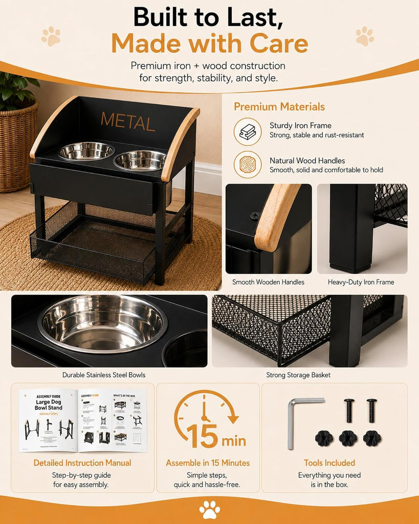 Elevated Dog Bowls for Large Breed Dogs with Storage Basket, 13 Inch Tilted Raised Dog Bowl Stand with Stainless