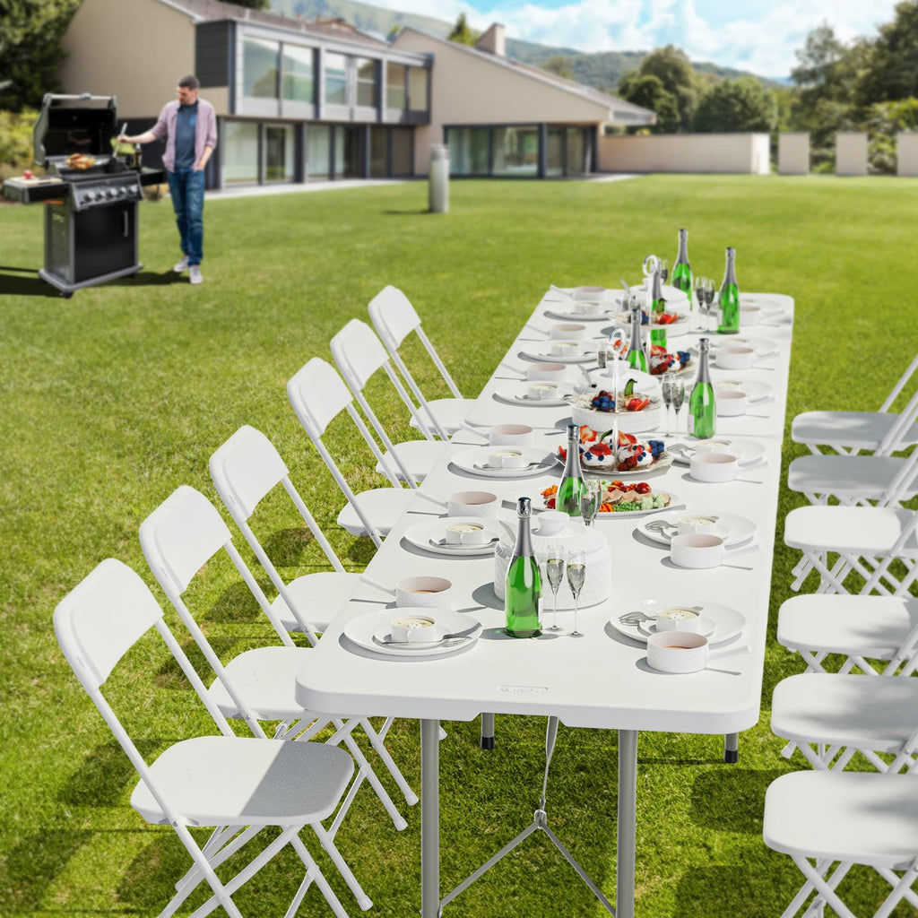 8 Foot Plastic Folding Table Portable Long Table for Indoor Outdoor Use Rectangular with Carrying Handle, White