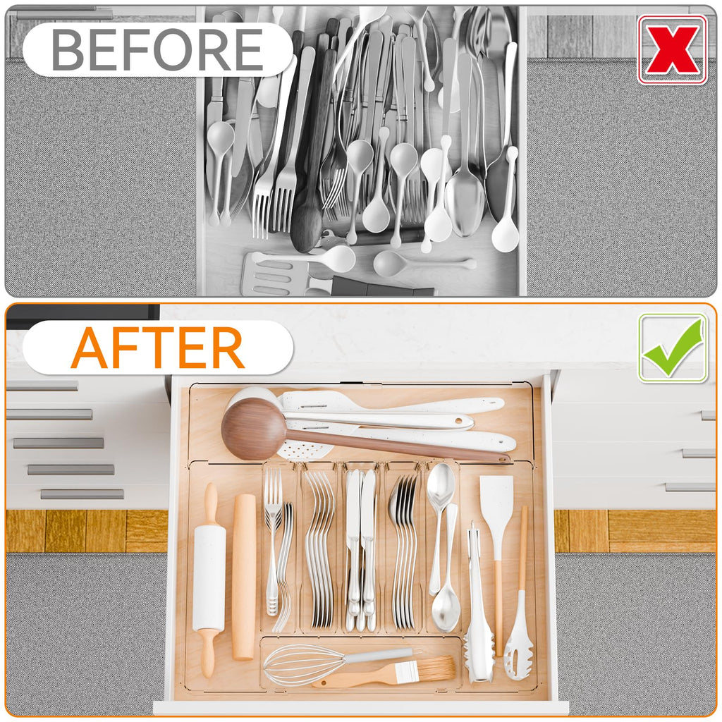 Clear Large Expandable Silverware Organizer and Kitchen Utensil Drawer Organizer,Plastic Adjustable Silverware Tray
