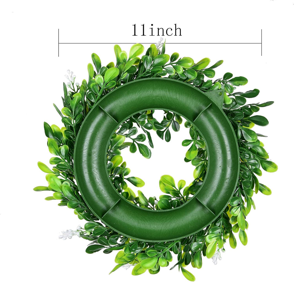 Artificial Green Leaves Wreath - 11 inch Artificial Boxwood Wreaths with White Flower for Window Wall Wedding
