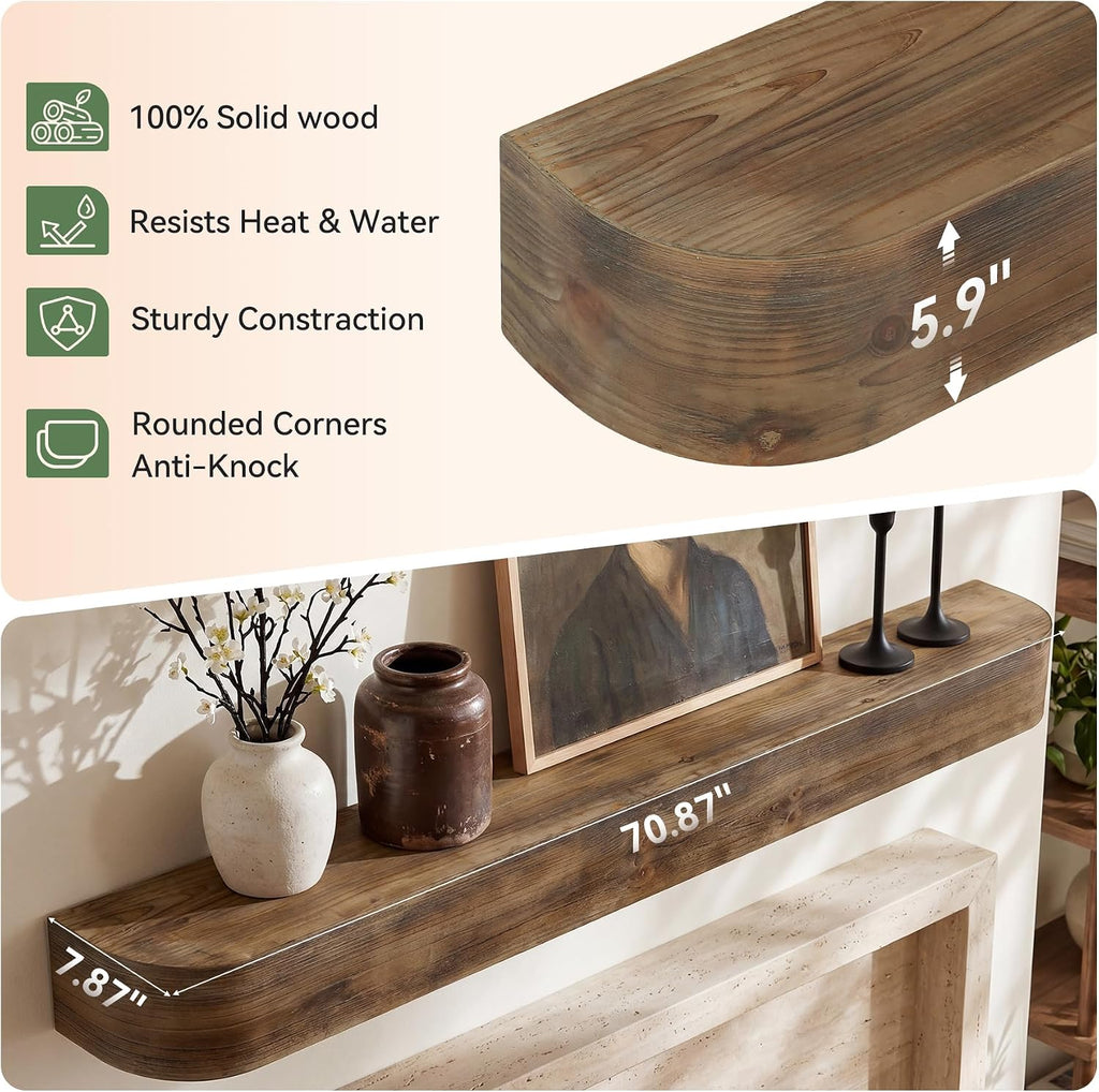71-Inch, Wall-Mounted Mantles for Over Fireplace, Farmhouse Wood Floating Mantel Shelves for Wall, Living Room