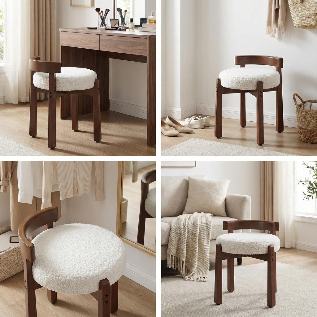 Modern Boucle Makeup Ottoman, White